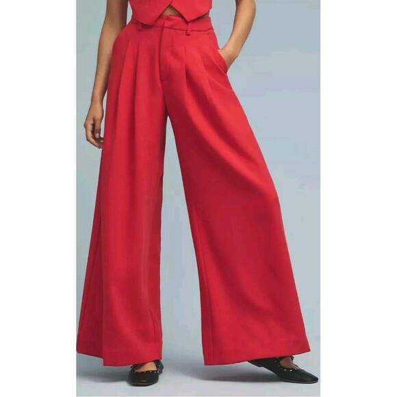 $148 MAEVE The Avery Pleated Wide-Leg Trousers Women Petite Sz 0P Bright Red NEW